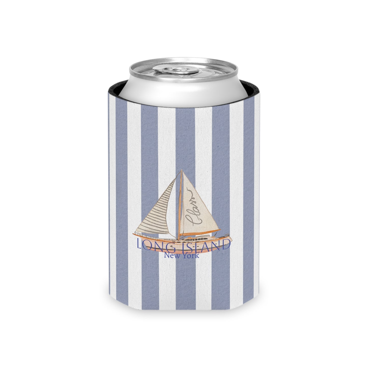 Long Island Nautical Stripe Can Cooler, Sail Away Drink Holder, Summer Outdoor Party Insulator, Coastal Beach Gift, Long Island Travel Accessory