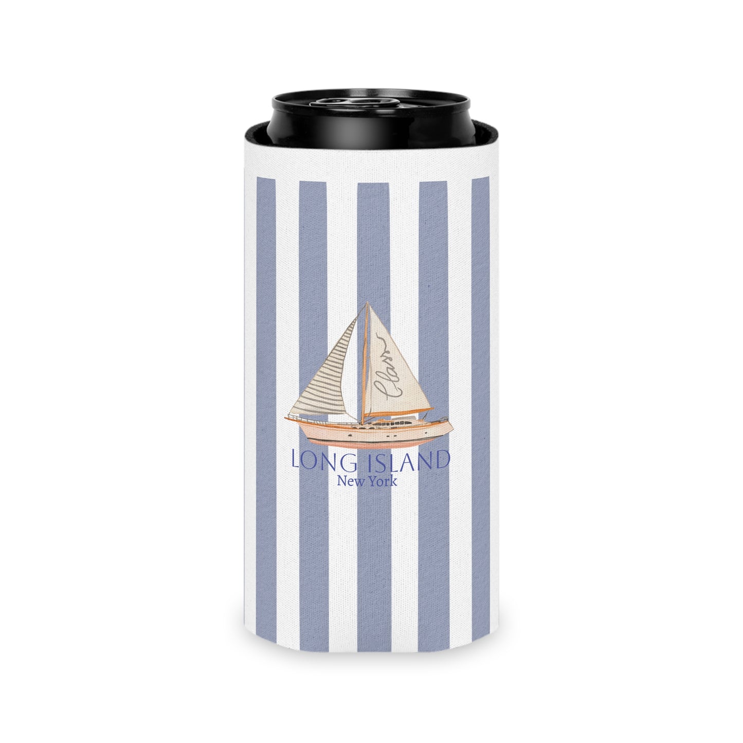 Long Island Nautical Stripe Can Cooler, Sail Away Drink Holder, Summer Outdoor Party Insulator, Coastal Beach Gift, Long Island Travel Accessory