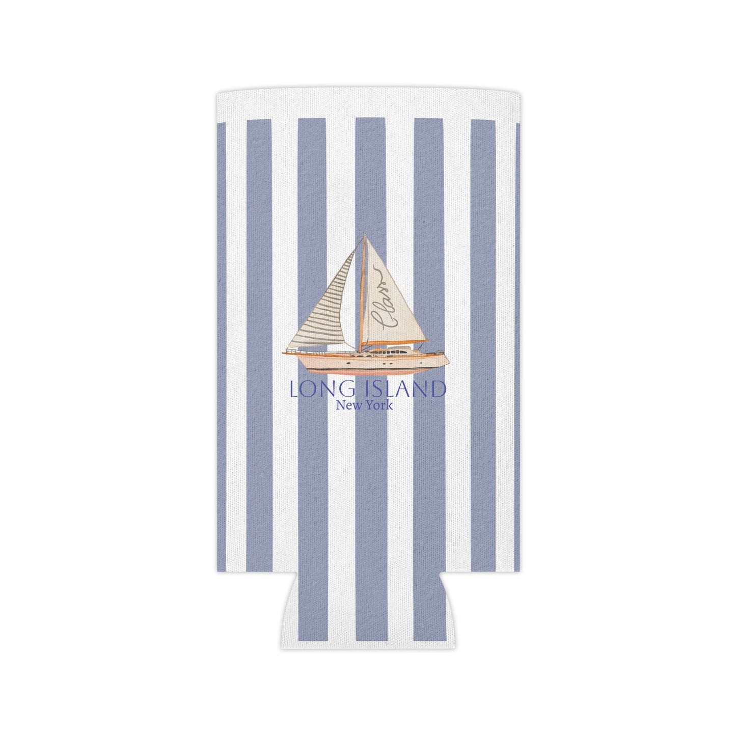 Long Island Nautical Stripe Can Cooler, Sail Away Drink Holder, Summer Outdoor Party Insulator, Coastal Beach Gift, Long Island Travel Accessory
