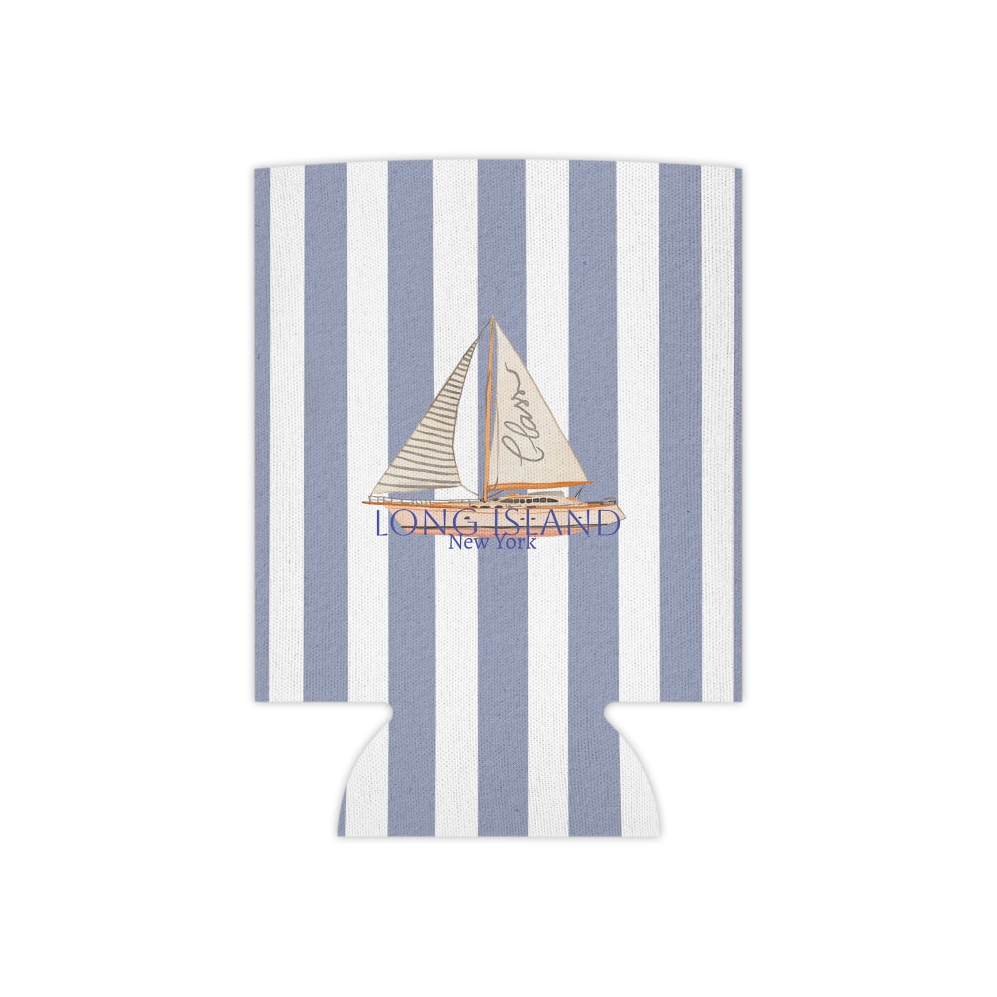 Long Island Nautical Stripe Can Cooler, Sail Away Drink Holder, Summer Outdoor Party Insulator, Coastal Beach Gift, Long Island Travel Accessory