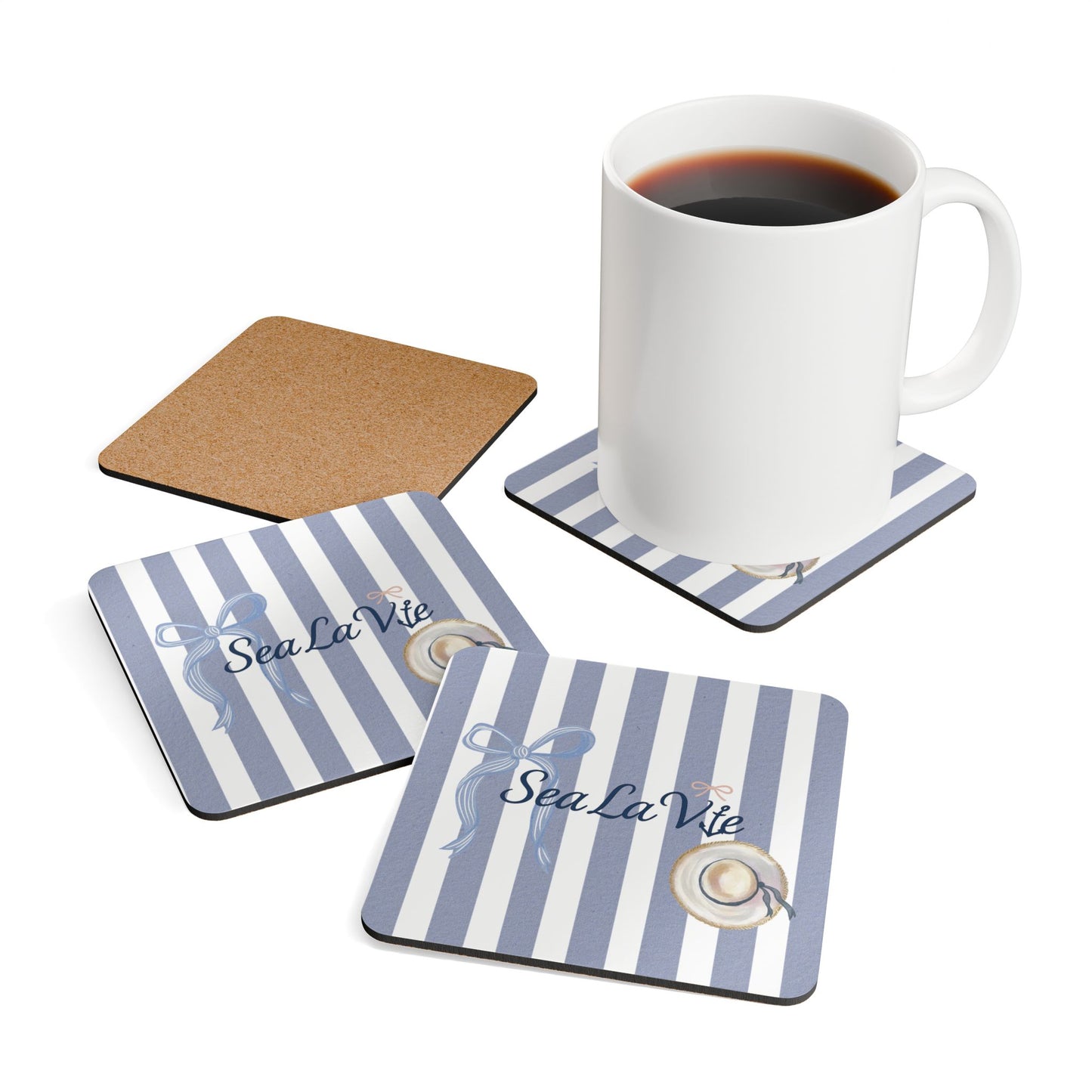 Sea la Vie Coastal Corkwood Coaster Set | Nautical Drink Coasters | Summer Home Decor | Gift for Beach Lovers | Sea La Vie Coasters